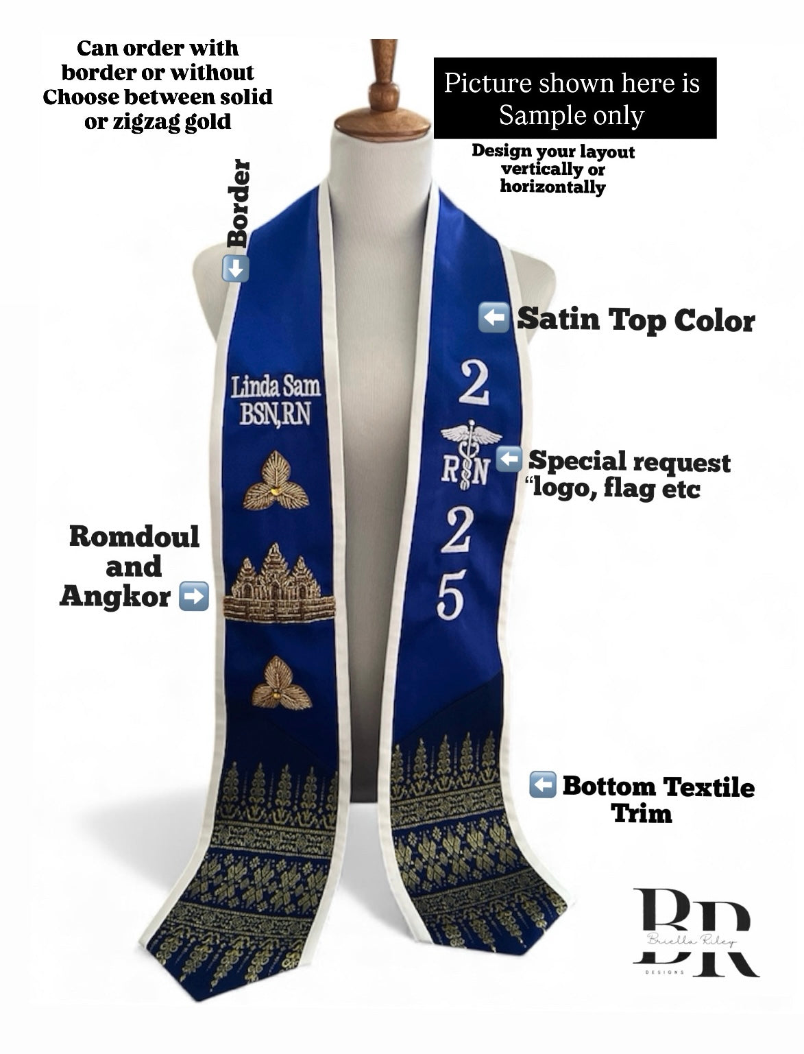 Custom Stole with 1-4 Section Wordings + Flags/Khmer Letter/Special Request